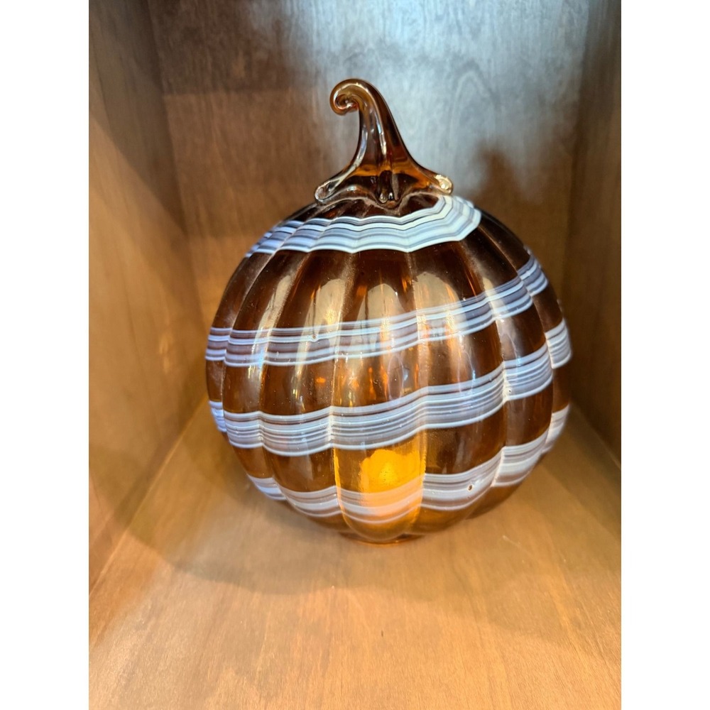 Anthropologie Orange Swirl Glass Pumpkin Amber Ribbed Fall Decor 99587396